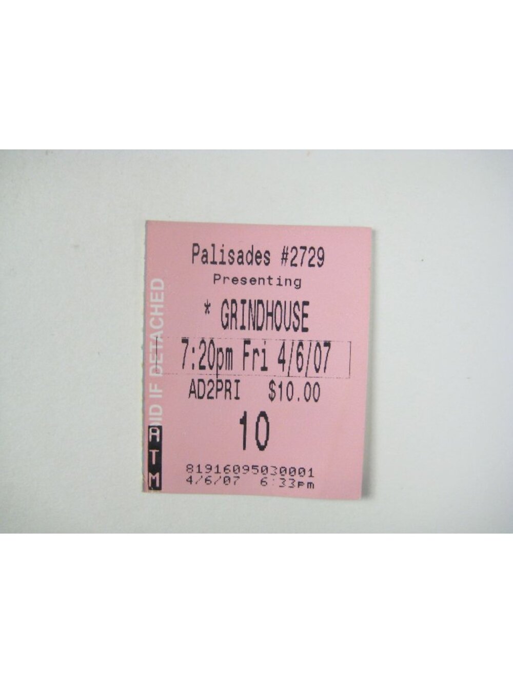 Grindhouse Movie Ticket Stub Palisades Theater April 6 2007 Vintage Opening
